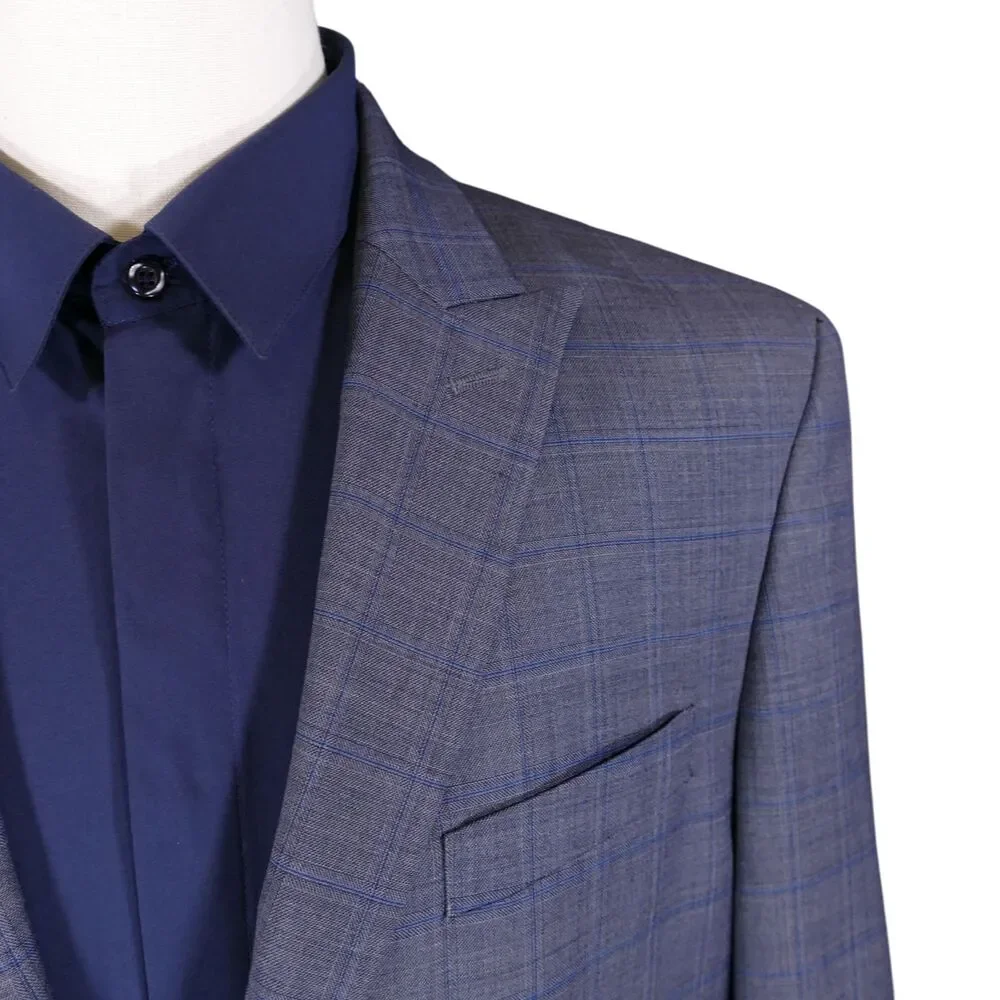 Jos A Bank Traveler Sport Coat Blazer Men 42L Tailored Blue Plaid Wool Blend